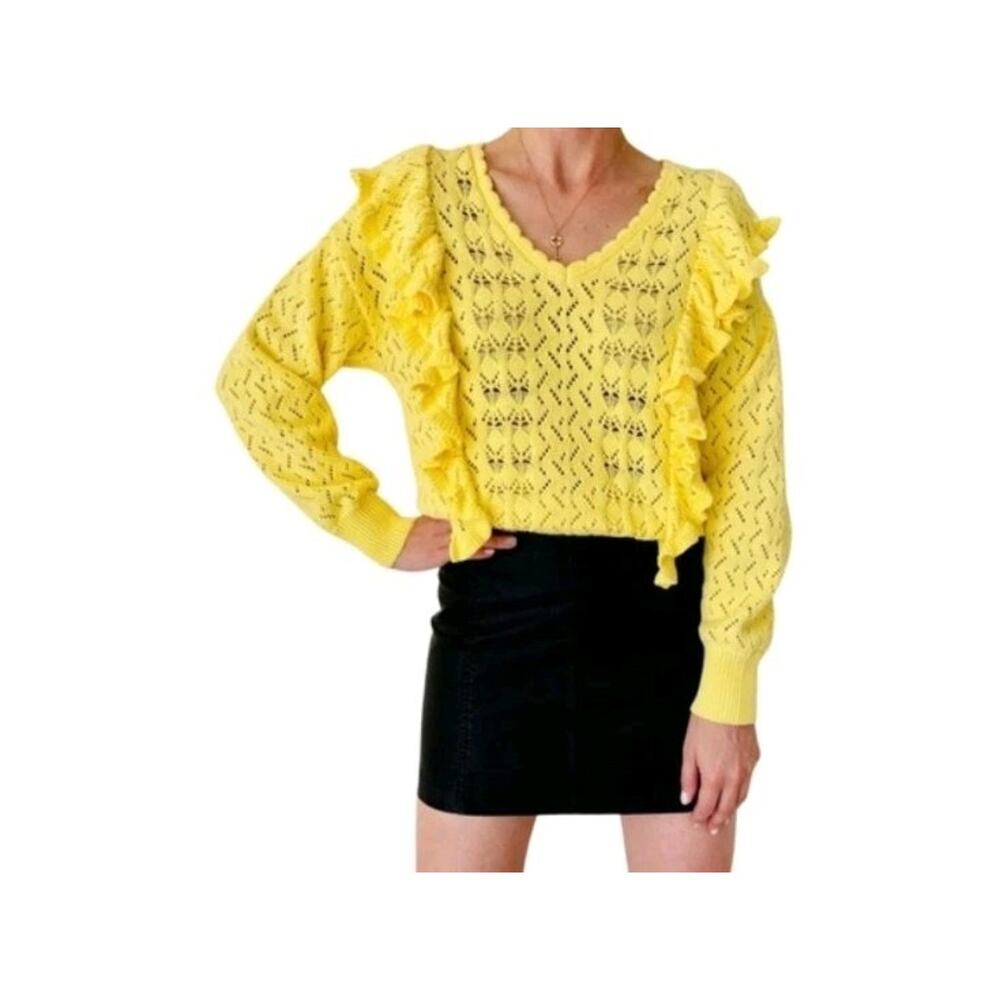Marc New York Butter Yellow Cute Going Out Ruffle Soft Knit Sweater Size Small